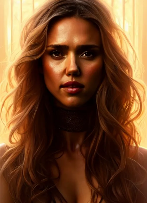 Image similar to half Jessica Alba half Nathalie Portman half scarlett johansonna pure seductive angel, full body portrait, slight smile, diffuse natural sun lights, autumn lights, highly detailed, digital painting, artstation, concept art, sharp focus, illustration, art by wlop and greg rutkowski and alphonse mucha and artgerm