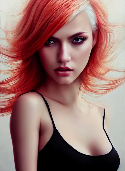 Prompt: photo of gorgeous woman with platinum blonde and red hair in the style of stefan kostic, realistic, half body shot, sharp focus, 8 k high definition, insanely detailed, intricate, elegant, art by stanley lau and artgerm, foggy backgeound