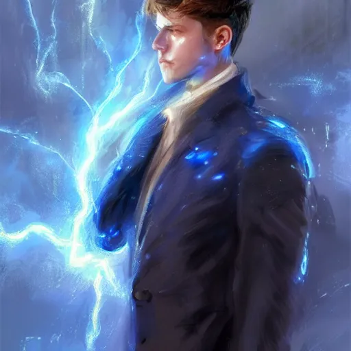 Prompt: a handsome young man with glowing blue eyes sparkling with blue lightning in emotional turmoil. sparks. electricity. digital art. fantasy. matte painting sharp focus. highly detailed. uhd. by michael garmash. krenz cushart tianhua xu