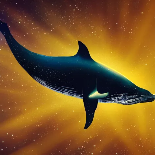 Prompt: portrait of whale swimming on a dark night sky in space, flying across the universe, galaxies, oniric, dreamy, beautiful, highly detailed, realistic, cinematic, dynamic composition, trending on artstation