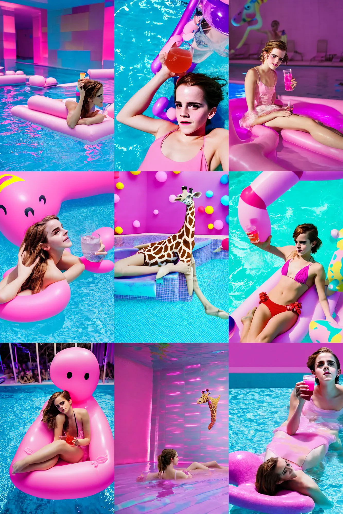 Prompt: a photo of a emma watson, holding a drink, laying on top of a big cute pastel pink giraffe float, having fun in a popular pool party in a modern indoors pool at night. visually stimulating photo. coherent. 8 k. sensual. red and purple lights.