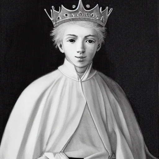 Prompt: portrait of a sharp eyed, sharped nose, freckles on chicks, white haired teenager king children, wearing a crown and suit, royal cape,