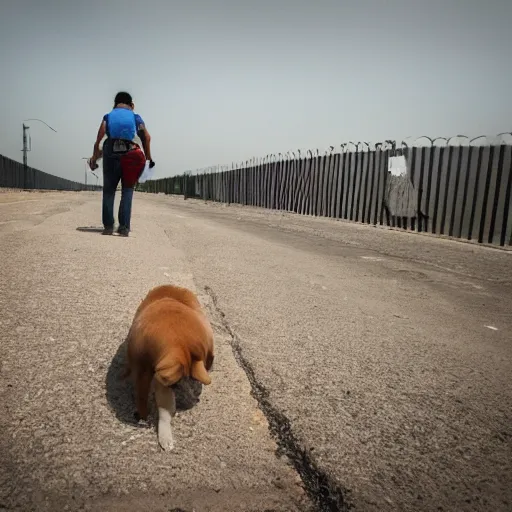 Image similar to a dog trying to cross the mexico border, photography, sad, depressing,