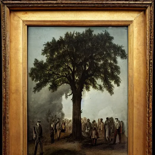 Image similar to huge tree with a lot of hangmans, southern gothic art, 1 9 th century scene, painted by friedrich caspar david