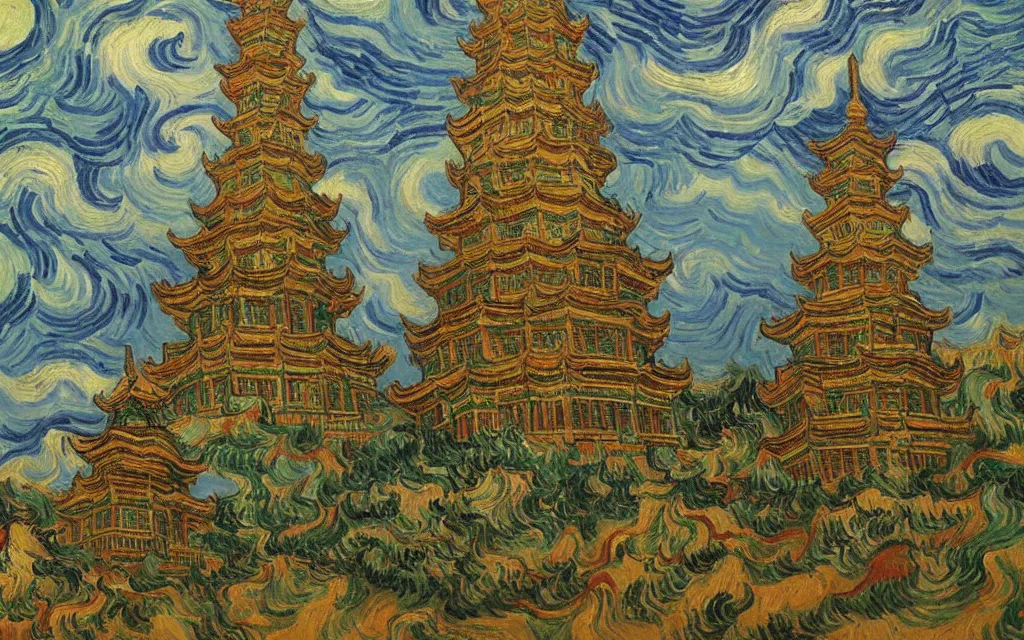 Prompt: twin ornate chinese buddhist pagodas in a beautiful chinese landscape by vincent van gogh