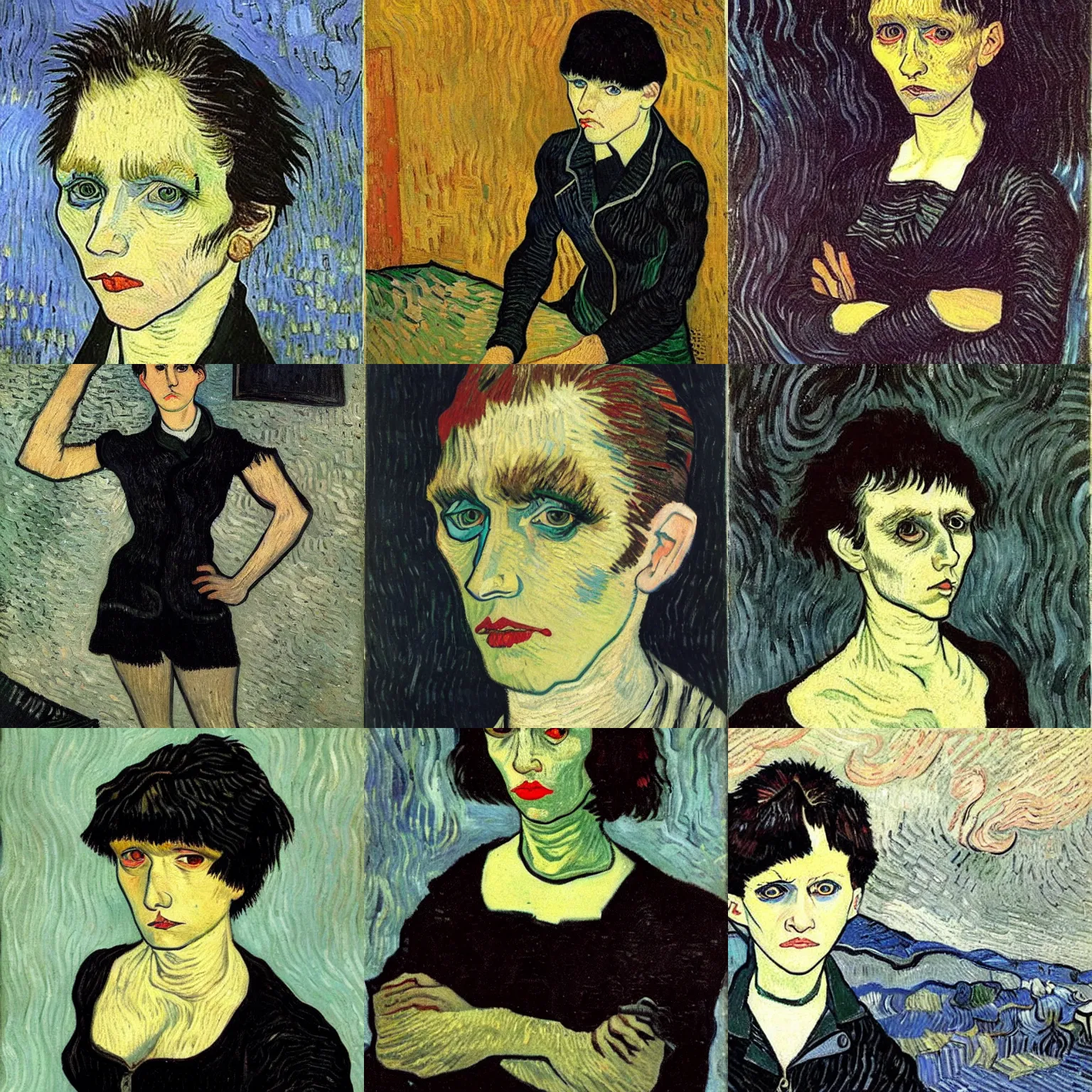 Prompt: an emo by vincent van gogh. her hair is dark brown and cut into a short, messy pixie cut. she has large entirely - black evil eyes. she is wearing a black tank top, a black leather jacket, a black knee - length skirt, a black choker, and black leather boots.
