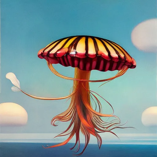 Prompt: Giant jellyfish fly through the air, as a tornado approaches, by Takashi Murakami, Edward Hopper, Bo Bartlett, and Cynthia Sheppard, Artstation