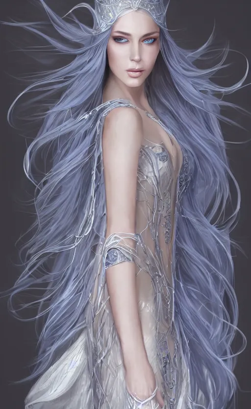 Image similar to an elven woman with long, silver hair cascading down her back. she has delicate, angular features and piercing blue eyes. she's clad in a flowing white dress with intricate silver embroidery, dynamic lighting, photorealistic fantasy concept art, trending on art station, stunning visuals, creative cinematic, ultra detailed