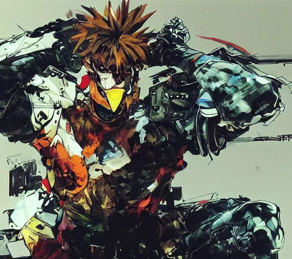 Image similar to a chicken with a crazy look, art by yoji shinkawa,