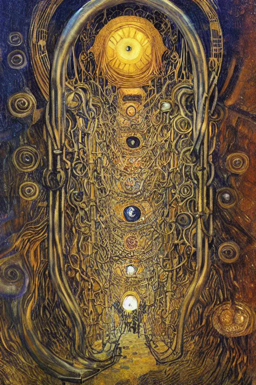 Prompt: The Dreaming Cell by Karol Bak, Jean Deville, Gustav Klimt, and Vincent Van Gogh, mystic eye, otherworldly, prison, elaborate wrought iron bars, chains, locks, fractal structures, arcane, inferno, inscribed runes, infernal relics, ornate gilded medieval icon, third eye, spirals