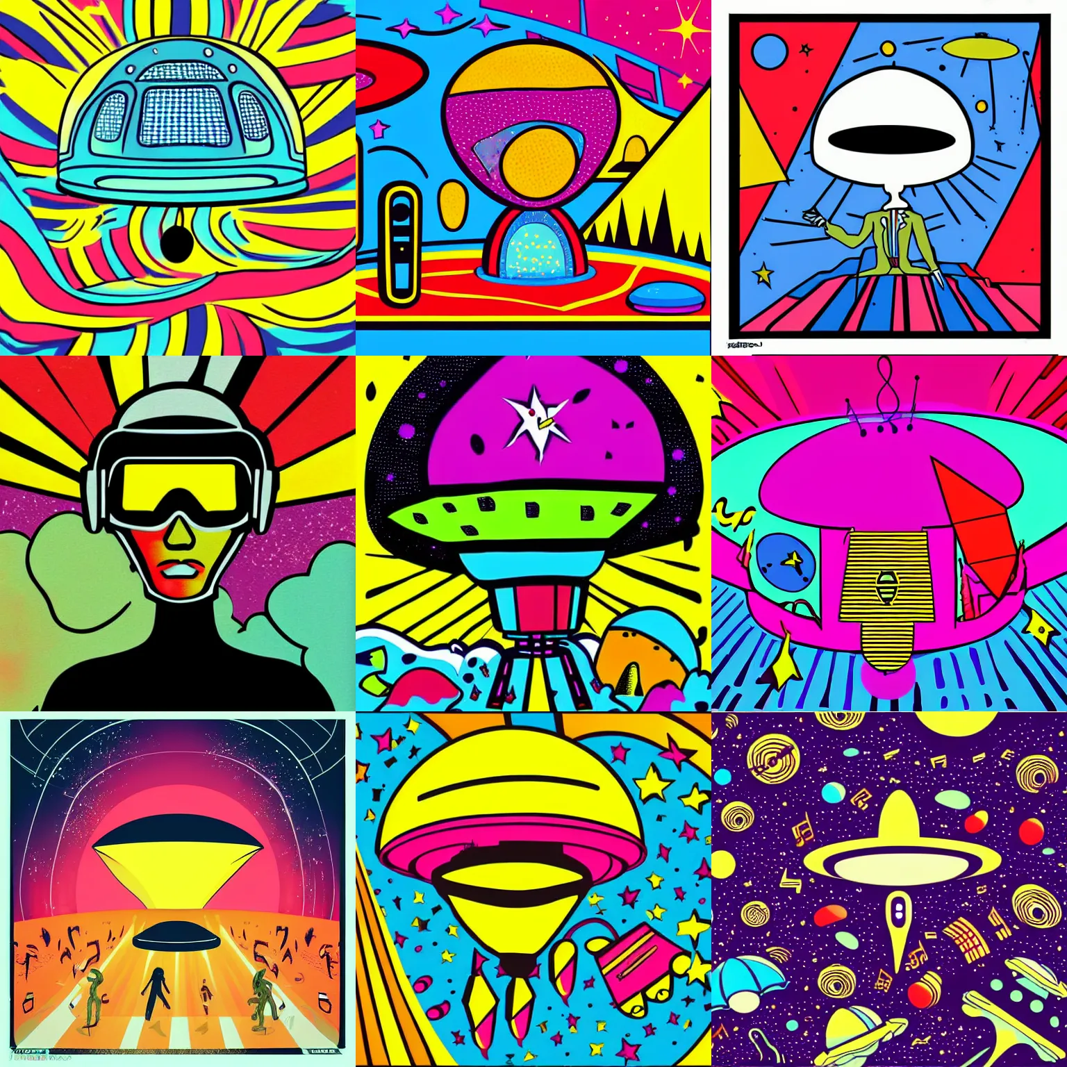 Prompt: ufo wandering in a space full of music, pop art, illustration, colorful