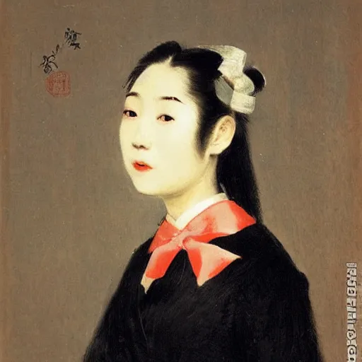 Prompt: Portrait of a japanese young lady with a long white hair and a red ribbon, Rim Lighting, Lantern, by Camille Corot