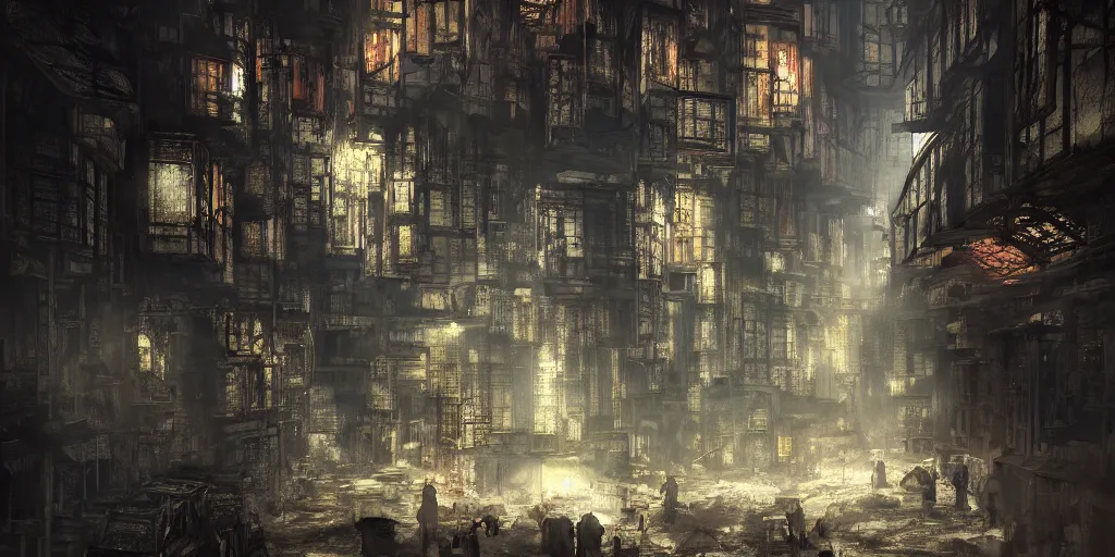 Image similar to inside of kowloon walled city by night, apartments interior, concept art, steetlamps, dark atmospheric style, dark shadows, reflections, epic composition, intricate, elegant, volumetric lighting, digital painting, highly detailed, artstation, sharp focus, illustration, octane render, concept art, ruan jia, steve mccurry