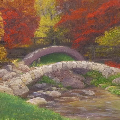 Image similar to Stone bridge over brook, pastoral scene. Autumn, changing leaves. Oil on canvas, award winning