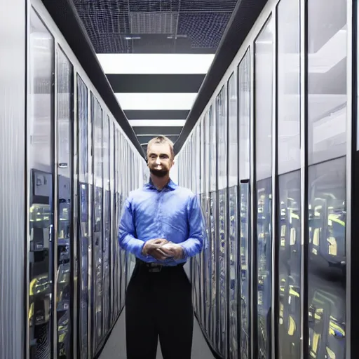 Image similar to man standing in Computer server room on fire with green eyes 8k resolution stunning