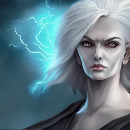 Image similar to beautiful old female dark elf with white hair holding a scroll, storm background, digital painting, detailed, realism, perfect symmetry