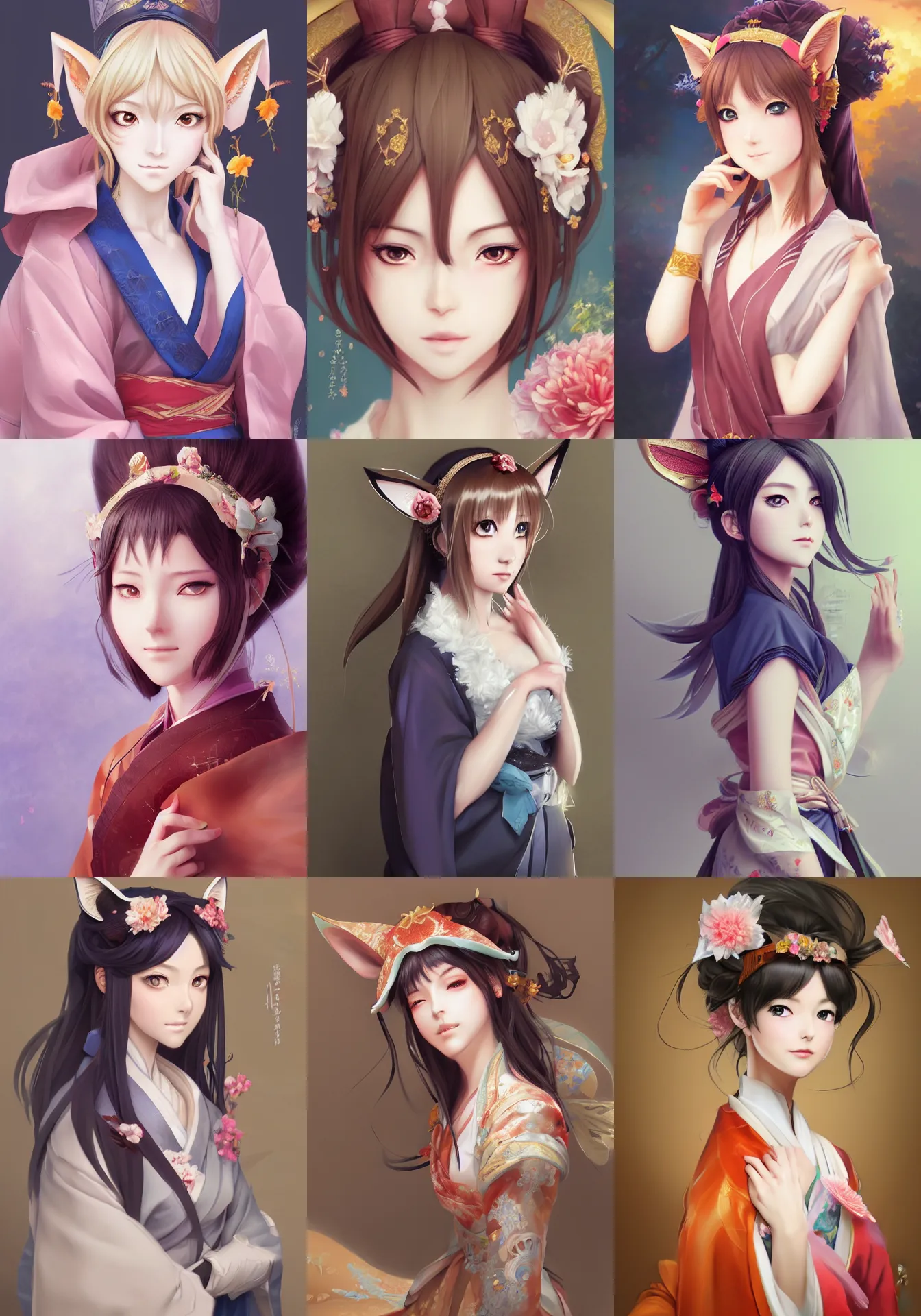 Prompt: A realistic anime portrait of a beautiful young noblewoman with fox ears wearing a kimono, digital painting, by Stanley Artgerm Lau, Sakimichan, WLOP and Rossdraws, digtial painting, trending on ArtStation, deviantart