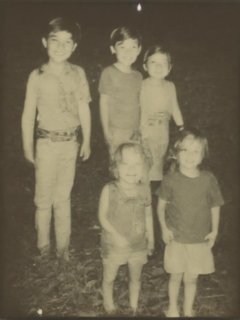 Image similar to two kids posing for a picture at night, god light, small village, town square, vegetation, 1 9 7 0 s, polaroid