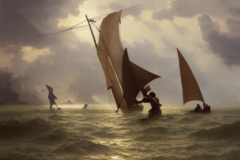 Image similar to ancient historically accurate depiction of Bible Character walking on water during a storm, a small fishing sailboat with scared sailors on board, dramatic lighting by frank miller, illustration by Ruan Jia and Mandy Jurgens and William-Adolphe Bouguereau, Artgerm, 4k, digital art, surreal, space dandy style, highly detailed, godsend, artstation, digital painting, concept art, smooth, sharp focus, illustration by Ruan Jia and Mandy Jurgens and William-Adolphe Bouguereau, Artgerm