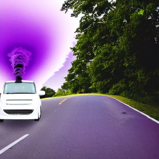 Image similar to white minivan driving away from a purple tornado