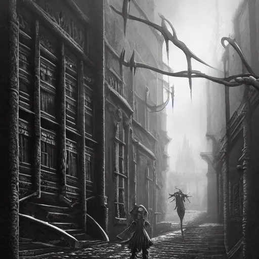 Image similar to bloodborne alleyway in the style of zdzisław beksiński