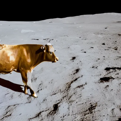 Prompt: wide angle view, colored photo of a cow with a golden halo on its head, on the moon, photorealistic, 8 k
