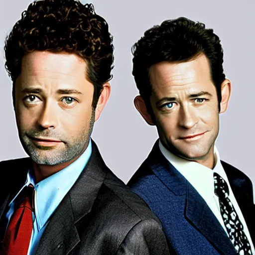 Prompt: a! dream jason priestley and luke perry in the style of split enz