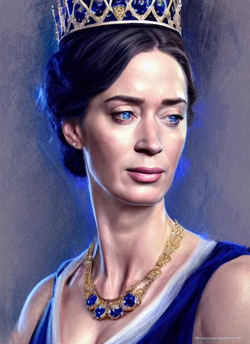 Image similar to portrait of emily blunt as queen, jewelry, greek, sapphire, victorian age, 1 8 9 0, intricate, headshot, key visual, conceptart, ambient lighting, highly detailed, digital painting, artstation, concept art, sharp focus, by makoto shinkai and akihiko yoshida and greg manchess