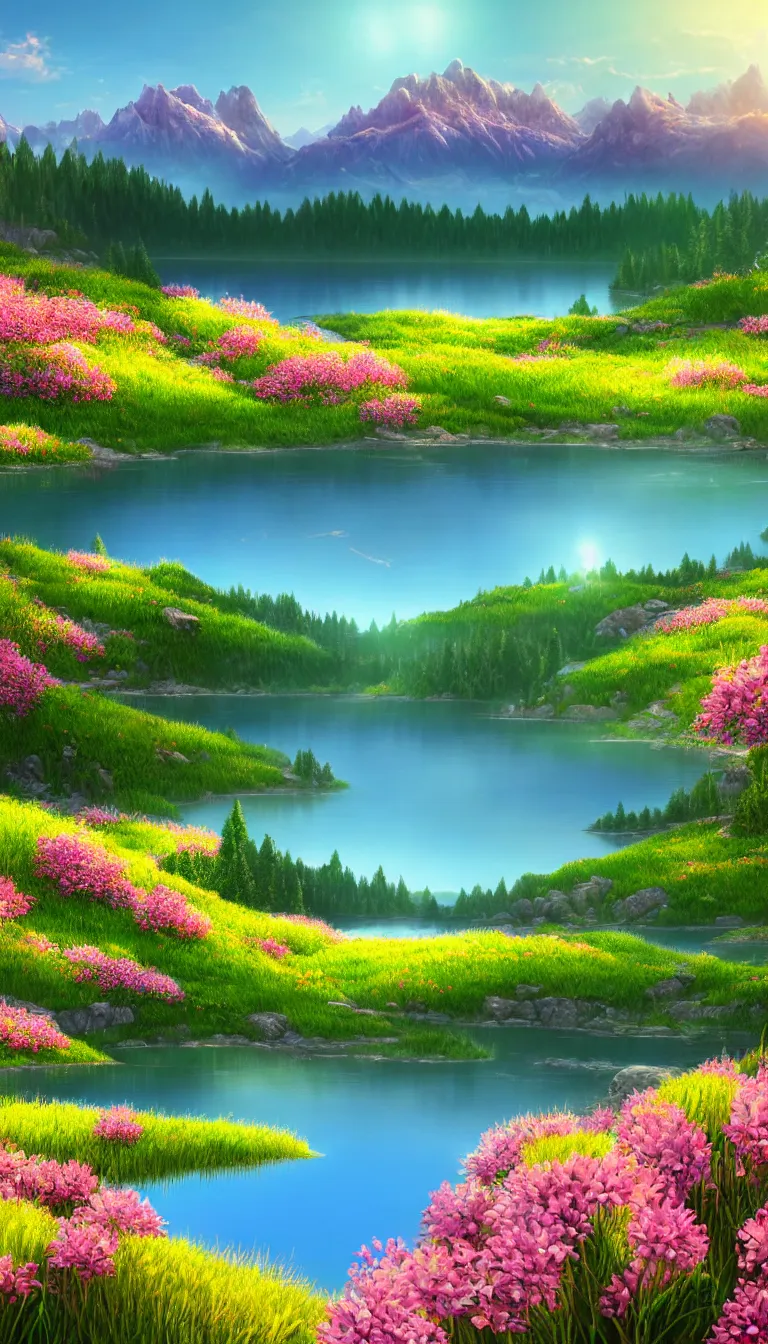 Prompt: highly detailed realistic landscape photo of calm lake, sunlit mountains in background, flowers in foreground, award winning photo, hyper realistic, concept art, 8 k detail post - processing