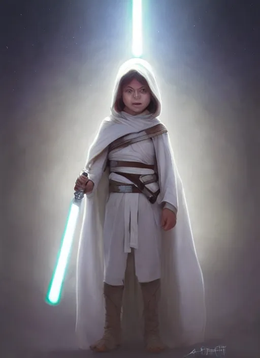 Image similar to perfectly - centered - portrait of a kid wearing white cloak holding light saber, intricate, highly detailed, digital painting, artstation, concept art, smooth, sharp focus, illustration, unreal engine 5, 8 k, art by artgerm and greg rutkowski and alphonse mucha