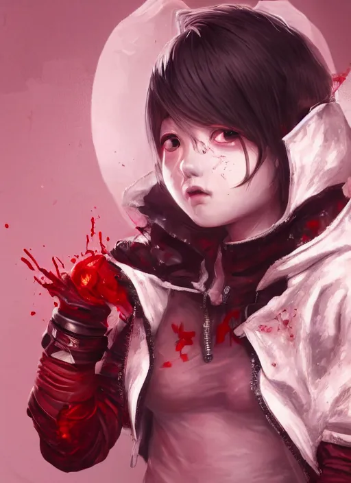 Image similar to a highly detailed illustration of short hair cute japanese girl wearing blood stained hoodie and bandages on legs, bright red eyes, dramatic sadistic berserk pose, intricate, elegant, highly detailed, centered, digital painting, artstation, concept art, smooth, sharp focus, league of legends concept art, WLOP