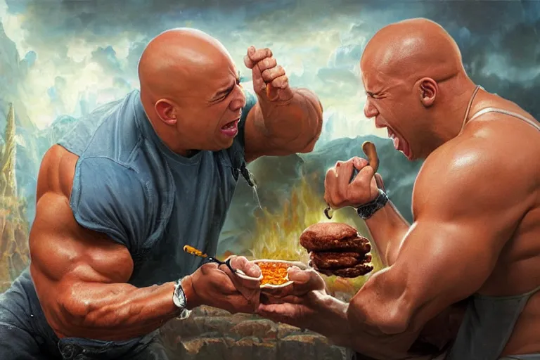 Prompt: vin diesel pouring baked beans into the mouth of dwayne the rock, an oil painting by ross tran and thomas kincade