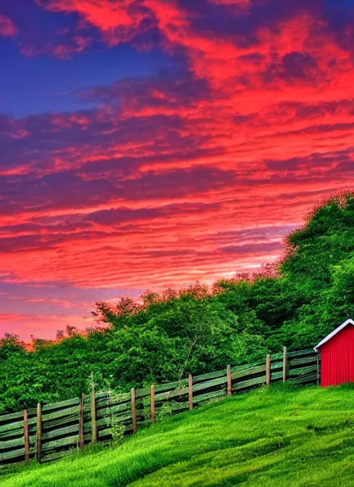 Image similar to red mountain ash, green fence, wooden house, village, clouds in the sky, sunset, summer