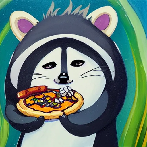 Image similar to a jeremiah ketner and studio ghibli acrylic impasto! painting! of a crying, sad and adorable and cute raccoon eating pizza