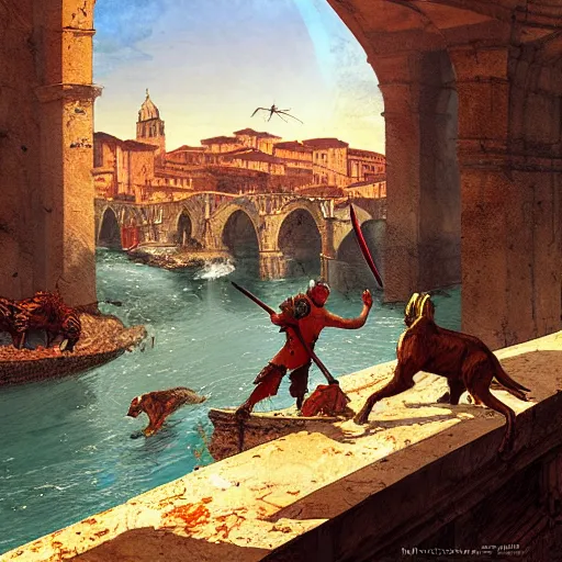 Image similar to Romulus killing Remus with a dagger at the edge of the Tiber River by Marc Simonetti