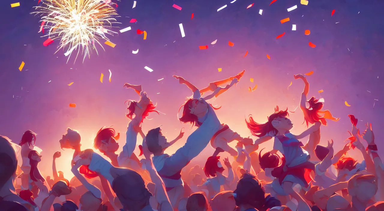 Prompt: celebration in a sports stadium with confetti and fireworks, in marble incrusted of legends heartstone official fanart behance hd by jesper ejsing, by rhads, makoto shinkai and lois van baarle, ilya kuvshinov, rossdraws global illumination