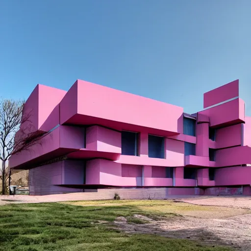 Prompt: a brutalist building with accents of cyan and pink