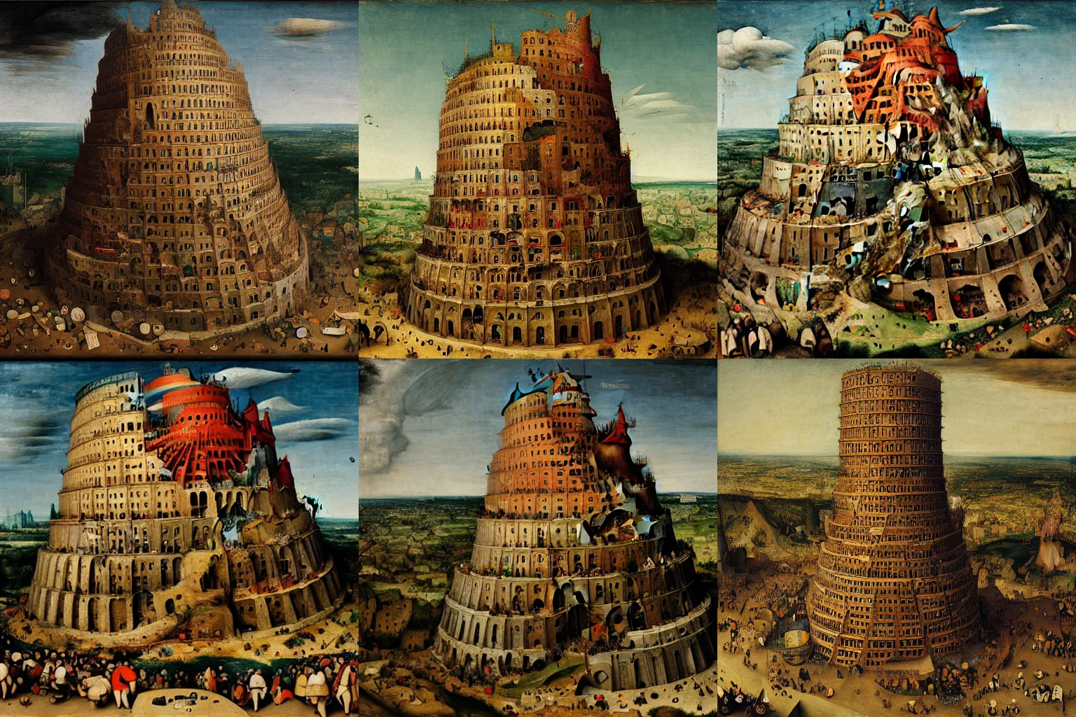 Prompt: “trash can tower of babel, painting by Pieter Bruegel the Elder, oil glaze, sfumato, 8k”