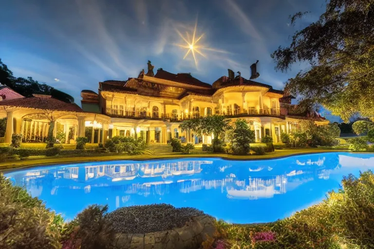 Image similar to photo of beatiful mansion with a beatiful reflective pool, a colorful plane is flying above the clouds, night, intrictave, 8k highly professionally detailed, HDR, Gcsociety