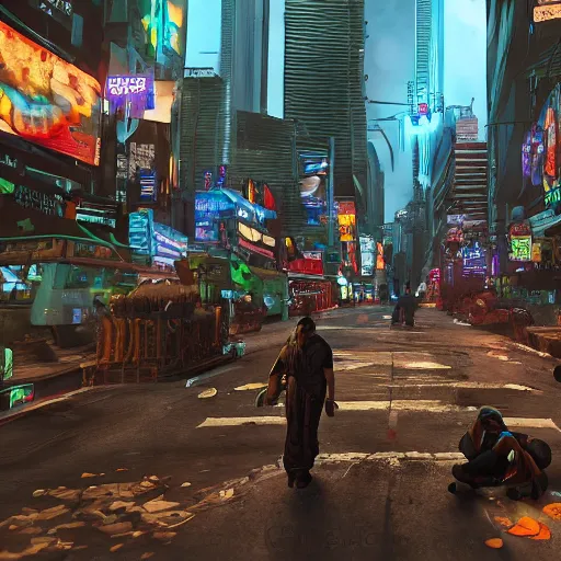 Image similar to crowded streets of manila turned cyberpunk filled with poverty, beggars and crime, deppresing image, unreal engine, artstation hd
