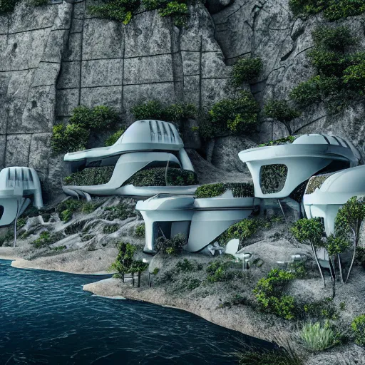 Image similar to futuristic houses in crazy locations, ultra realistic, intricate details, eerie, highly detailed, photorealistic, octane render, 8 k, vegetation, hills, water