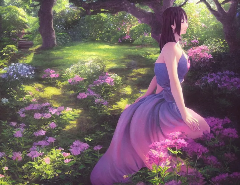 Prompt: unbecoming unattractive princess in the garden. oil painting by award - winning mangaka. backlighting, chiaroscuro, depth of field, luminescent colors.