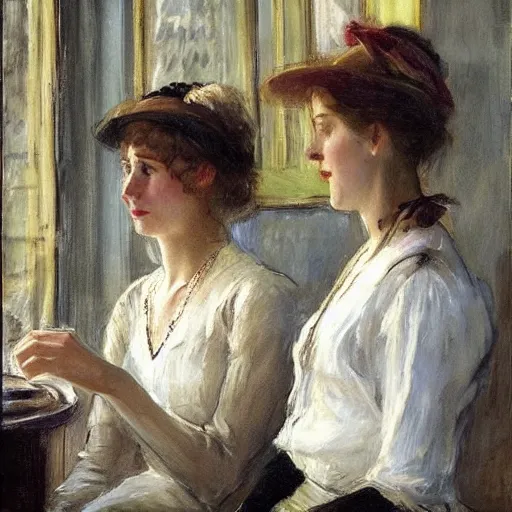 Prompt: two young edwardian women in a cafe in paris, in the style of anders zorn