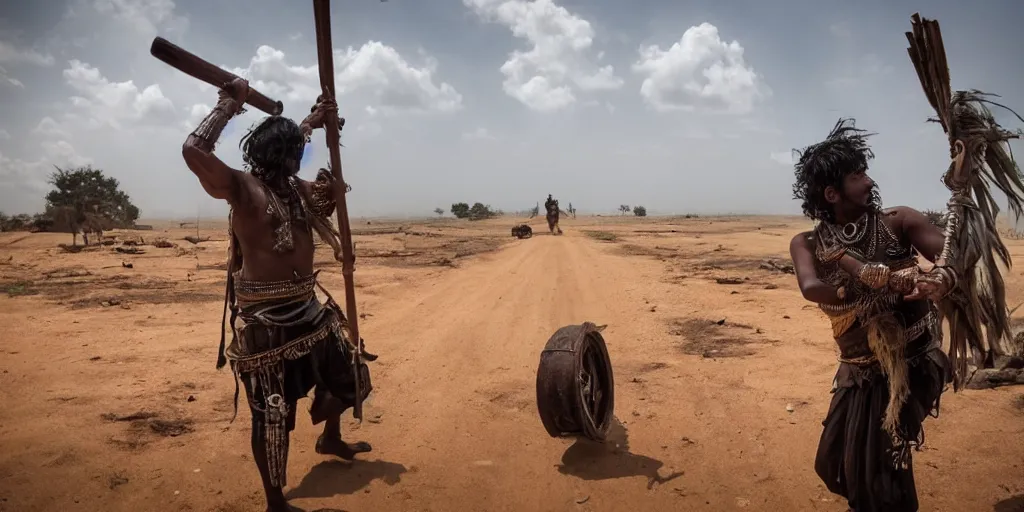 Prompt: sri lankan mad max style, traditional drum player, film still, epic shot cinematography, rule of thirds