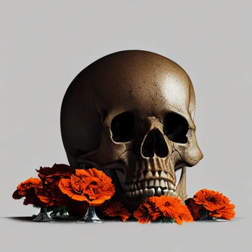 Image similar to skulls and marigold, intricate artwork by Tooth Wu and wlop and beeple. octane render, trending on artstation, greg rutkowski very coherent symmetrical artwork. cinematic, hyper realism, high detail, octane render, 8k, orange and black tones