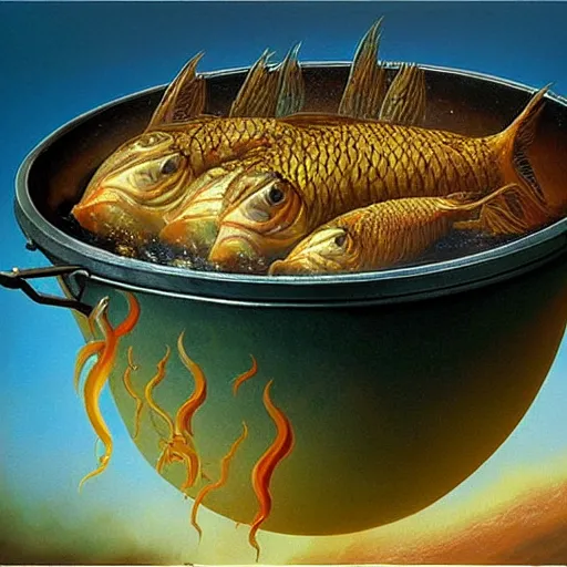 Prompt: surprised fish on a pile of fish in a cooking pot on fire, side view, by vladimir kush, dystopian art, rococo