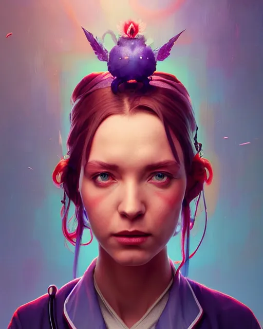 Image similar to highly detailed surreal vfx portrait of a candypunk nurse, stephen bliss, unreal engine, greg rutkowski, loish, rhads, beeple, makoto shinkai and lois van baarle, ilya kuvshinov, rossdraws, tom bagshaw, alphonse mucha, global illumination, detailed and intricate environment