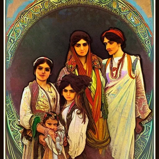 Prompt: Kurdish family Painted By Alphonso Mucha, Highly detailed