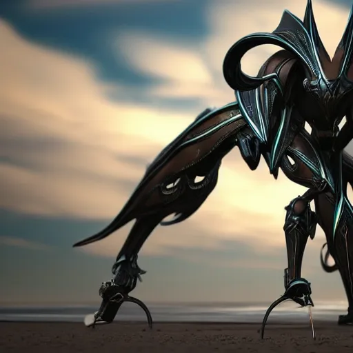 Image similar to looking up at a highly detailed 300 foot tall giant exquisite beautiful female warframe, as an anthropomorphic robot dragon, posing elegantly over your tiny form, camera on the ground, at the beach on a sunset, sleek streamlined design, streamlined matte black armor, sharp detailed claws, detailed sharp robot dragon feet, giantess shot, upward shot, ground view shot, front shot, cinematic shot, high quality warframe fanart, captura, realistic, professional digital art, high end digital art, furry art, giantess art, anthro art, DeviantArt, artstation, Furaffinity, 8k HD render, epic lighting