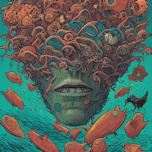 Image similar to sea full of crap been eaten from a big head, by josan gonzales and Dan Mumford